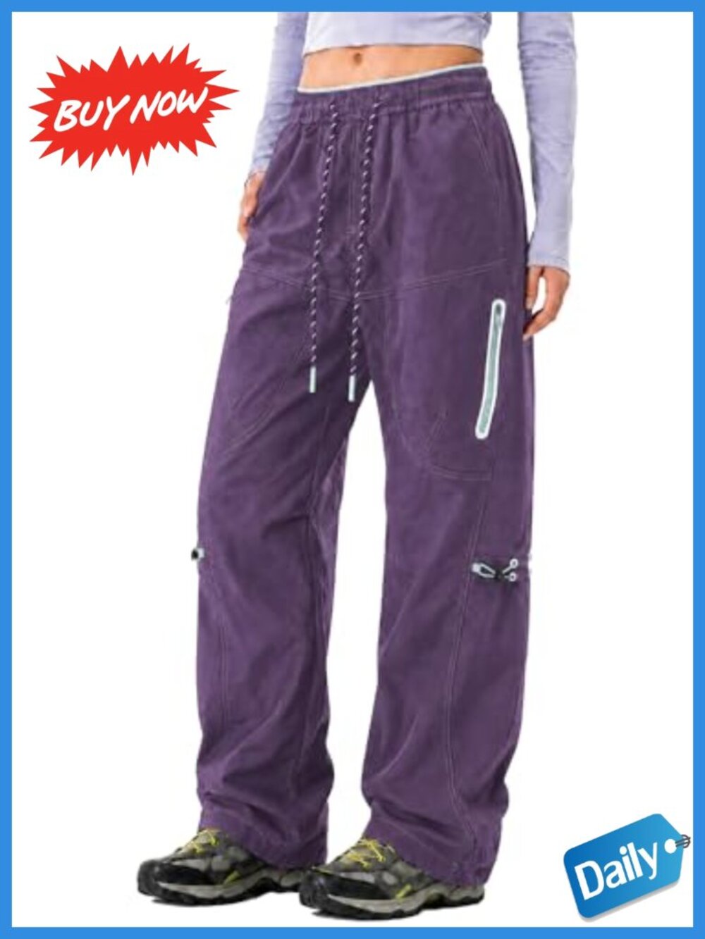 Womens Parachute Cargo Pants Baggy Wide Leg Zipper Pockets Hiking